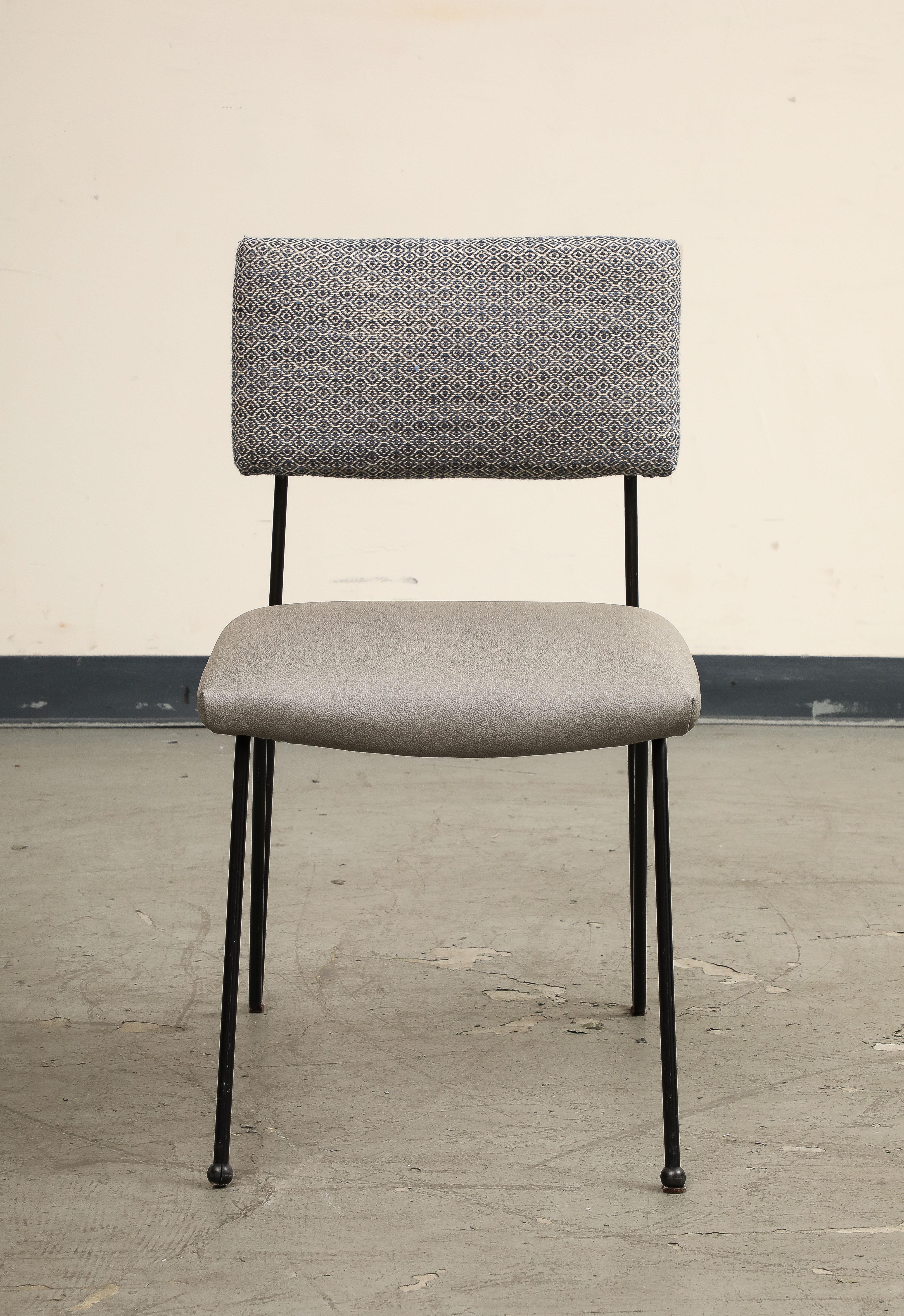 A pair of Midcentury modern case study iron chairs with hairpin back legs. Recently reupholstered with grey leather seats and backs upholstered in geometric patterned BDDW fabric. 

Video shows a set of 4 chairs but ***only 2*** are available. 

SH