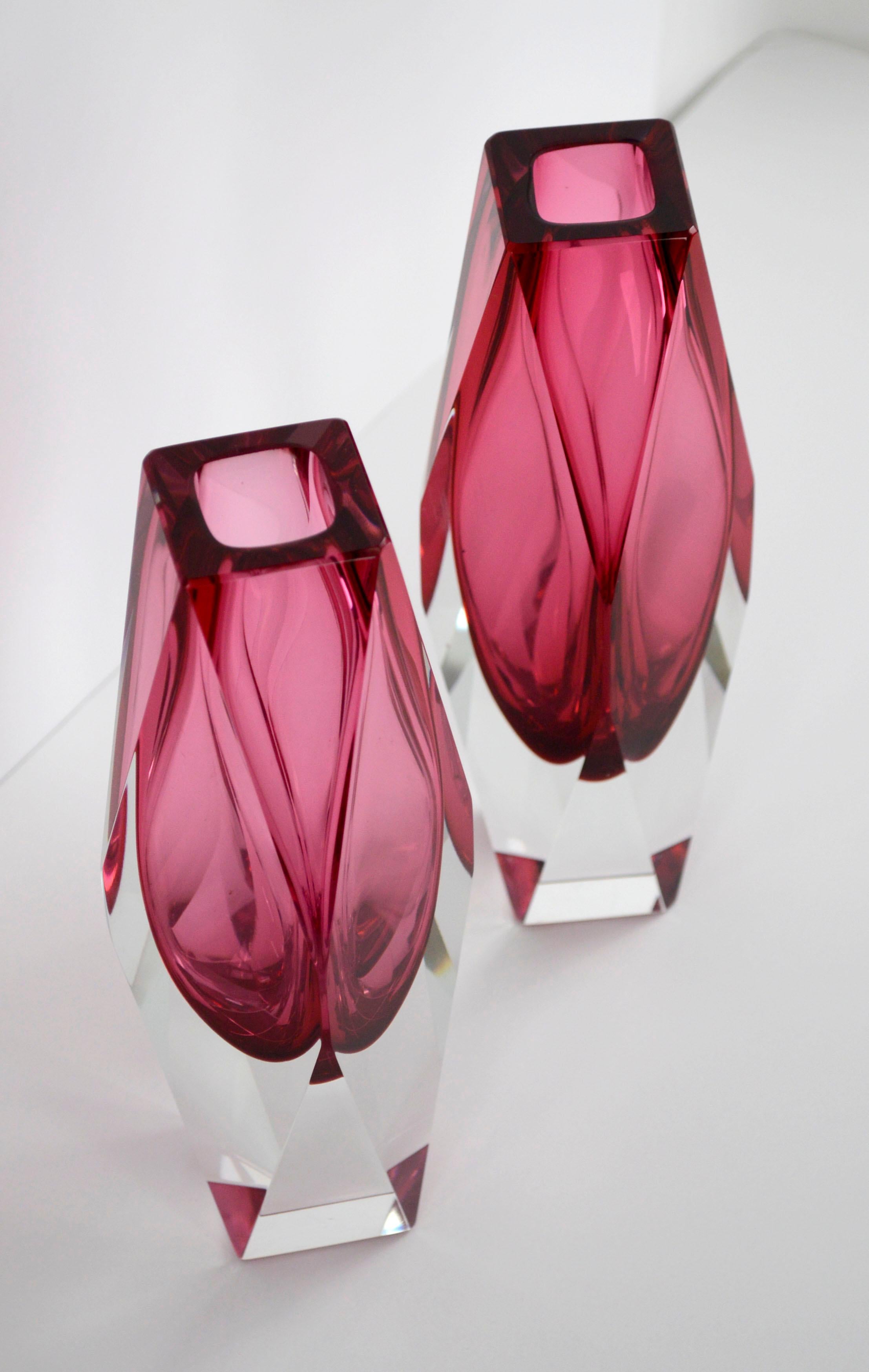 Italian Pair of Mid-Century Modern Faceted Cranberry Red Murano Candlesticks / Bud Vases
