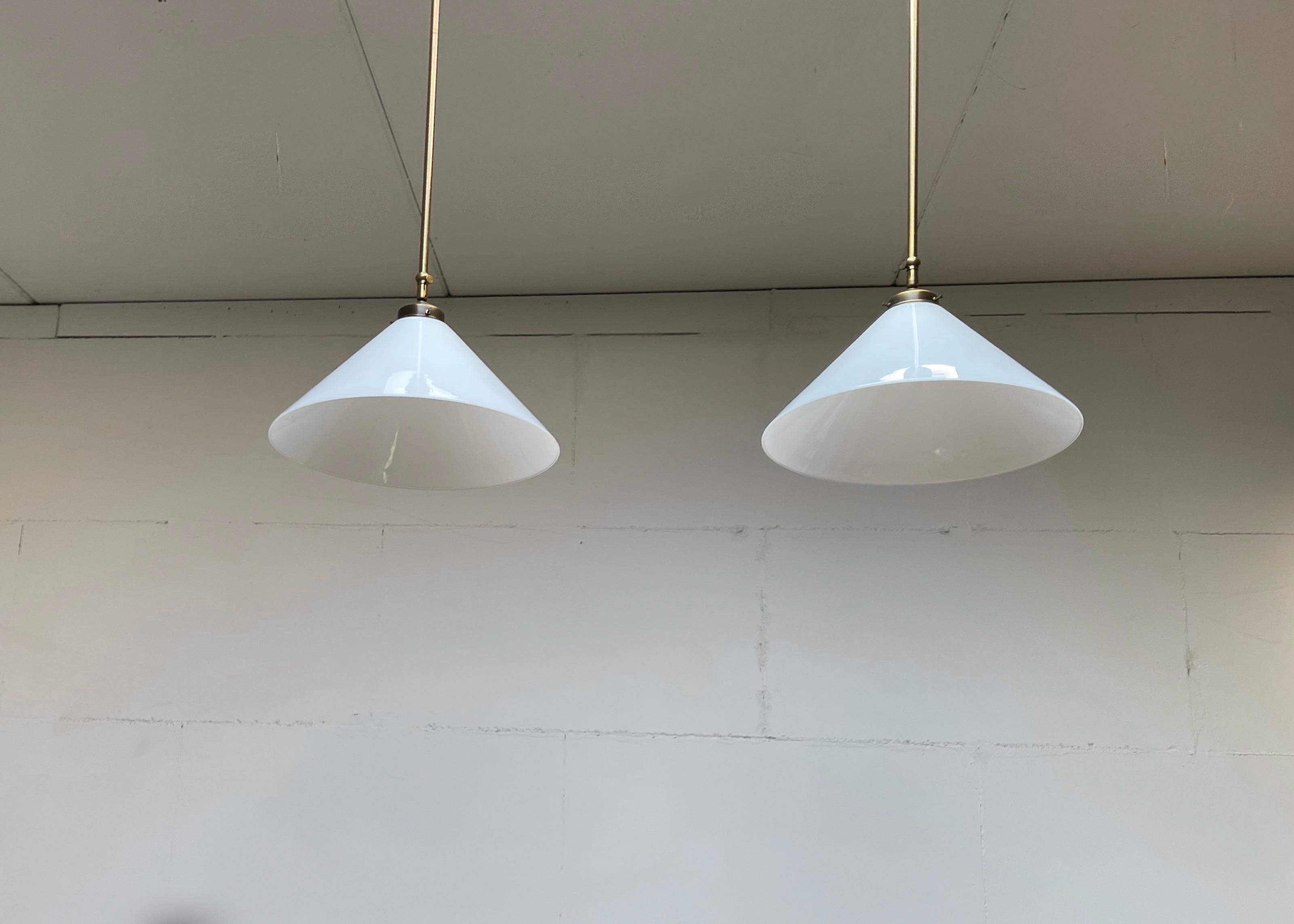 Pair of Midcentury Modern Opaline Glass and Brass Adjustable in Height Pendants For Sale 4