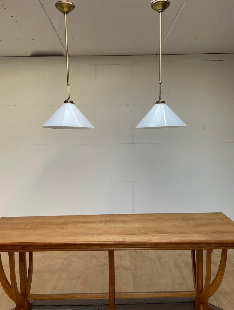 Pair of Midcentury Modern Opaline Glass and Brass Adjustable in Height Pendants For Sale 5