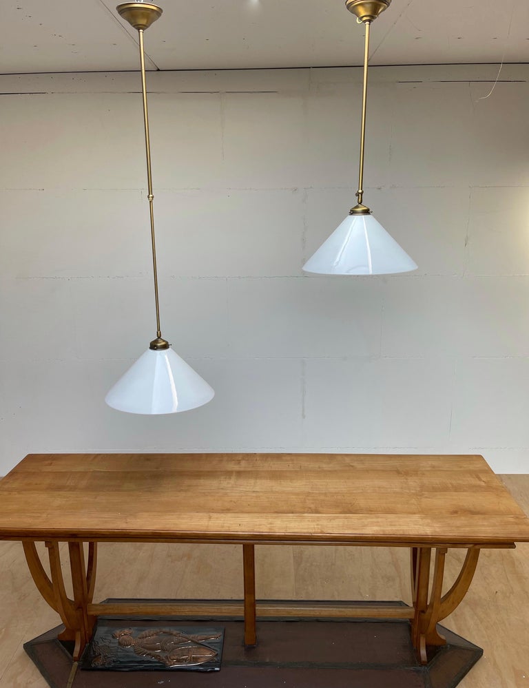 Pair of Midcentury Modern Opaline Glass and Brass Adjustable in Height Pendants For Sale 9