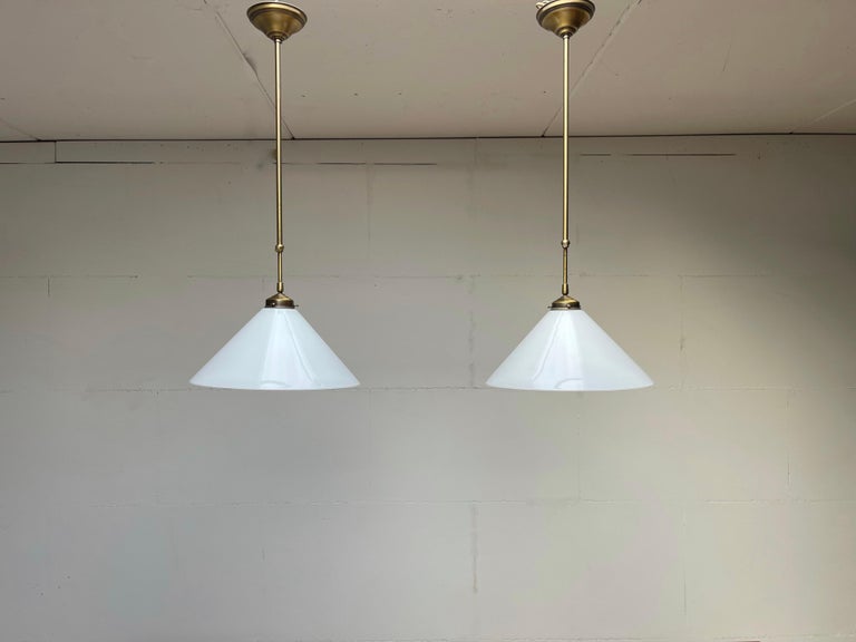 Mid-Century Modern Pair of Midcentury Modern Opaline Glass and Brass Adjustable in Height Pendants For Sale