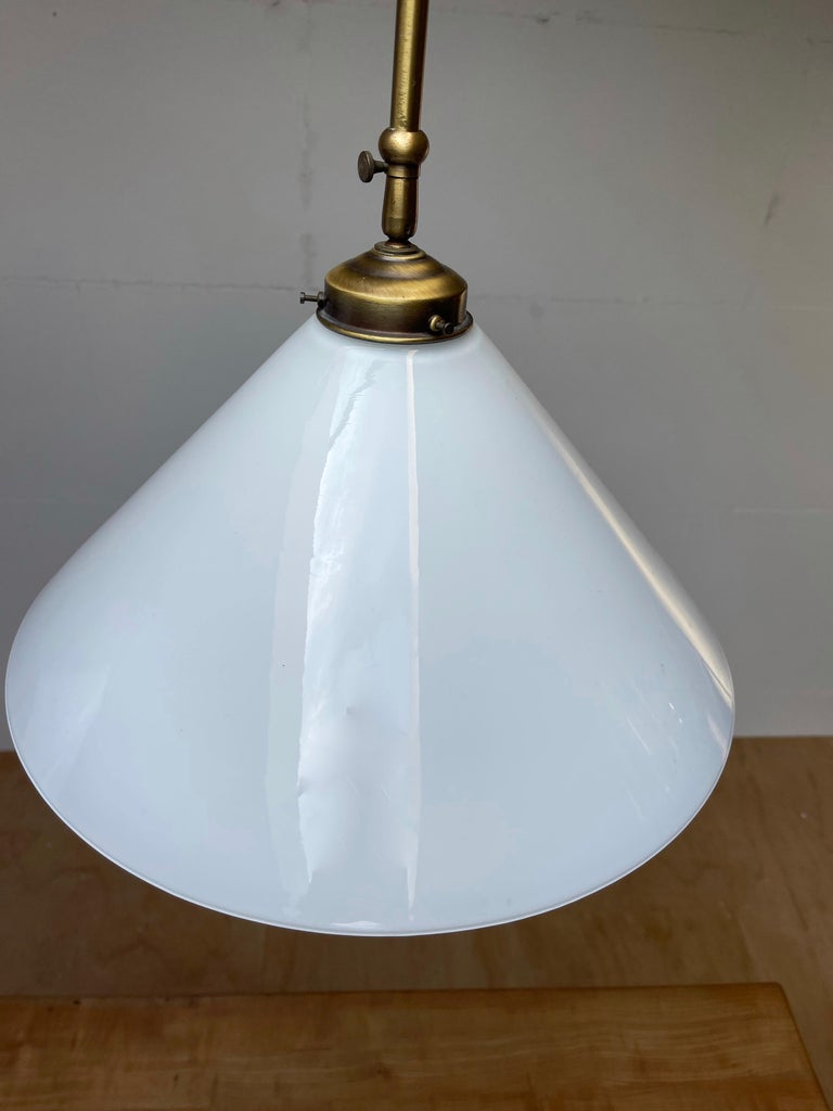 Pair of Midcentury Modern Opaline Glass and Brass Adjustable in Height Pendants For Sale 1