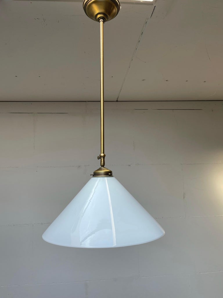 Pair of Midcentury Modern Opaline Glass and Brass Adjustable in Height Pendants For Sale 2