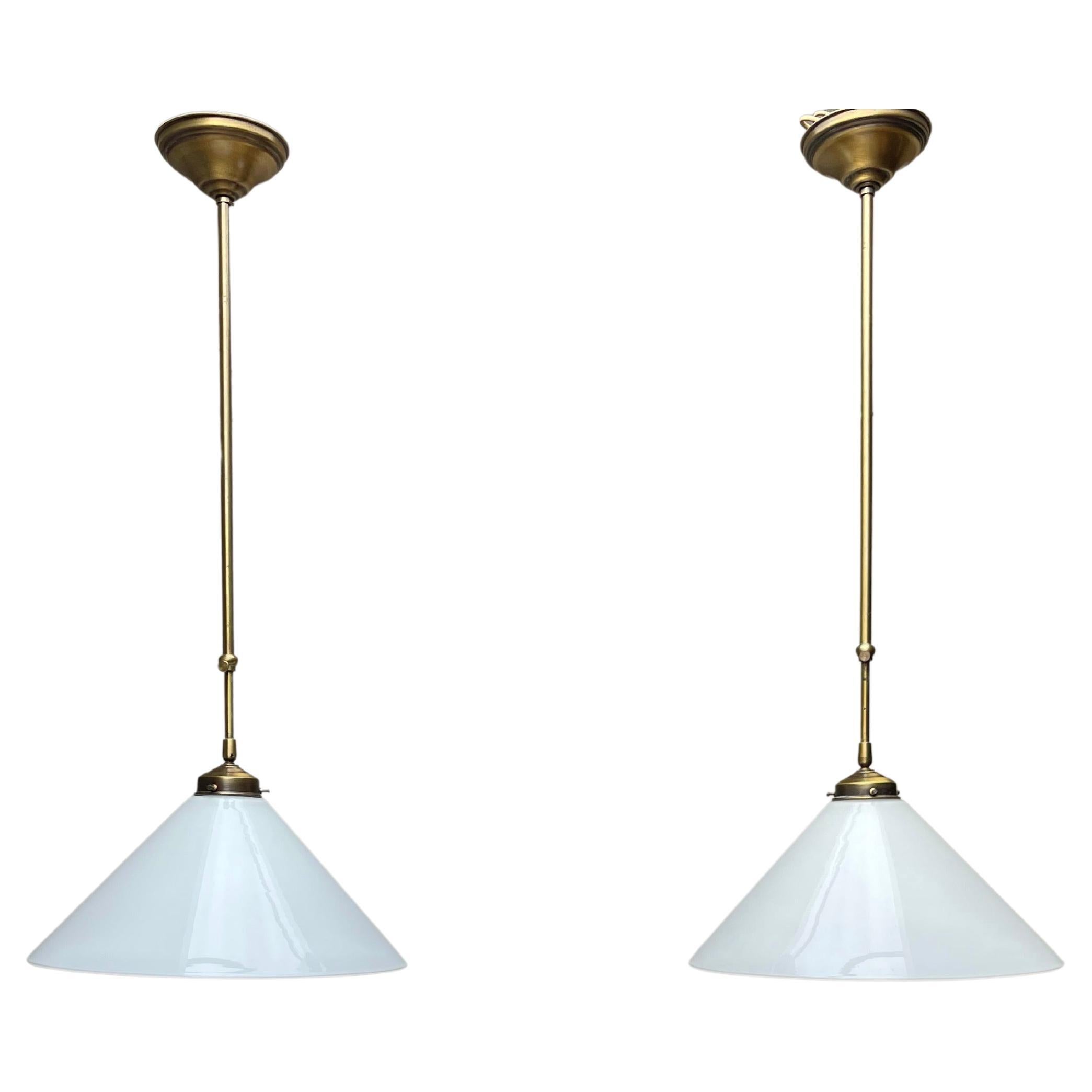 Pair of Midcentury Modern Opaline Glass and Brass Adjustable in Height Pendants