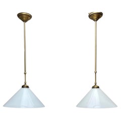 Pair of Midcentury Modern Opaline Glass and Brass Adjustable in Height Pendants