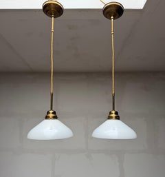 Pair of Midcentury Modern Opaline Glass Shades and Brass Pendant Lights