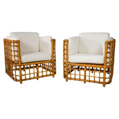 Pair of Midcentury Modern Rattan Cube Lounge Chairs in the Style of Ficks Reed