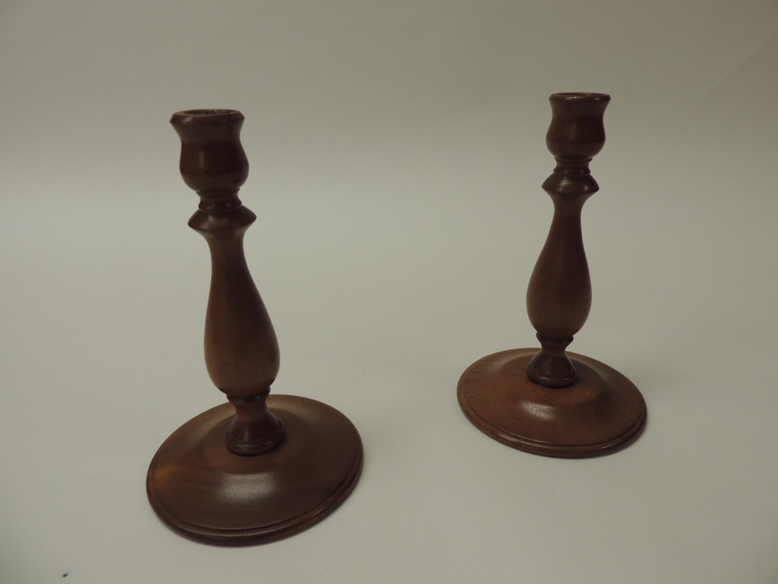 Hand-Crafted Pair of Mid-Century Modern Round Mahogany Candle Holders