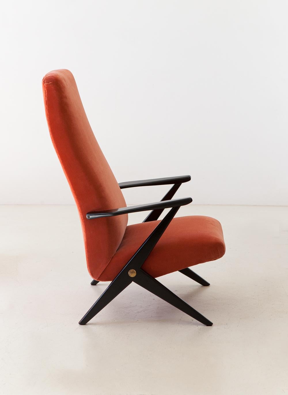 Pair of Mid-Century Modern Rust Orange Velvet Lounge Chairs, 1950s 5