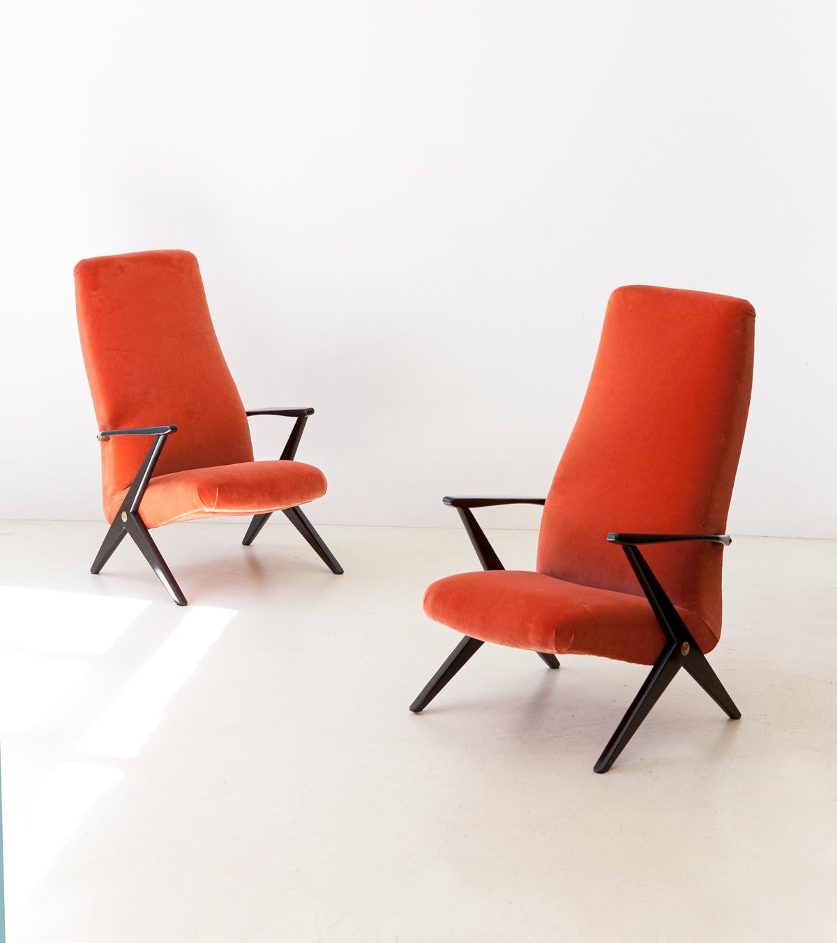 Pair of Mid-Century Modern Rust Orange Velvet Lounge Chairs, 1950s 6