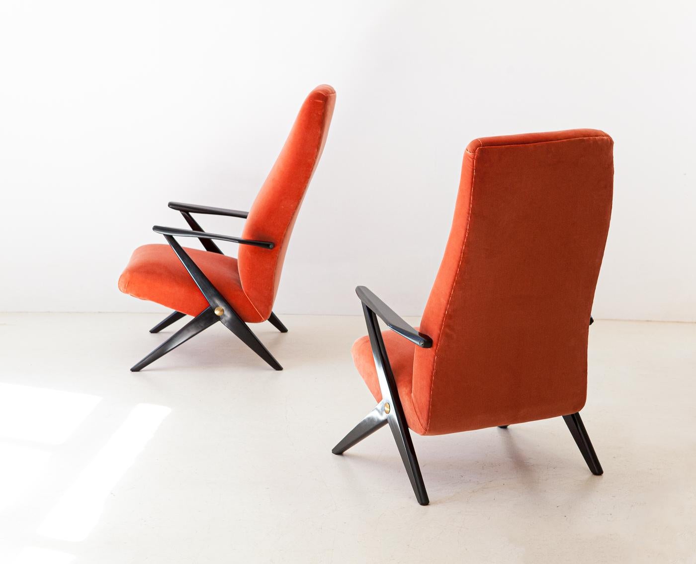 Pair of Mid-Century Modern Rust Orange Velvet Lounge Chairs, 1950s 7