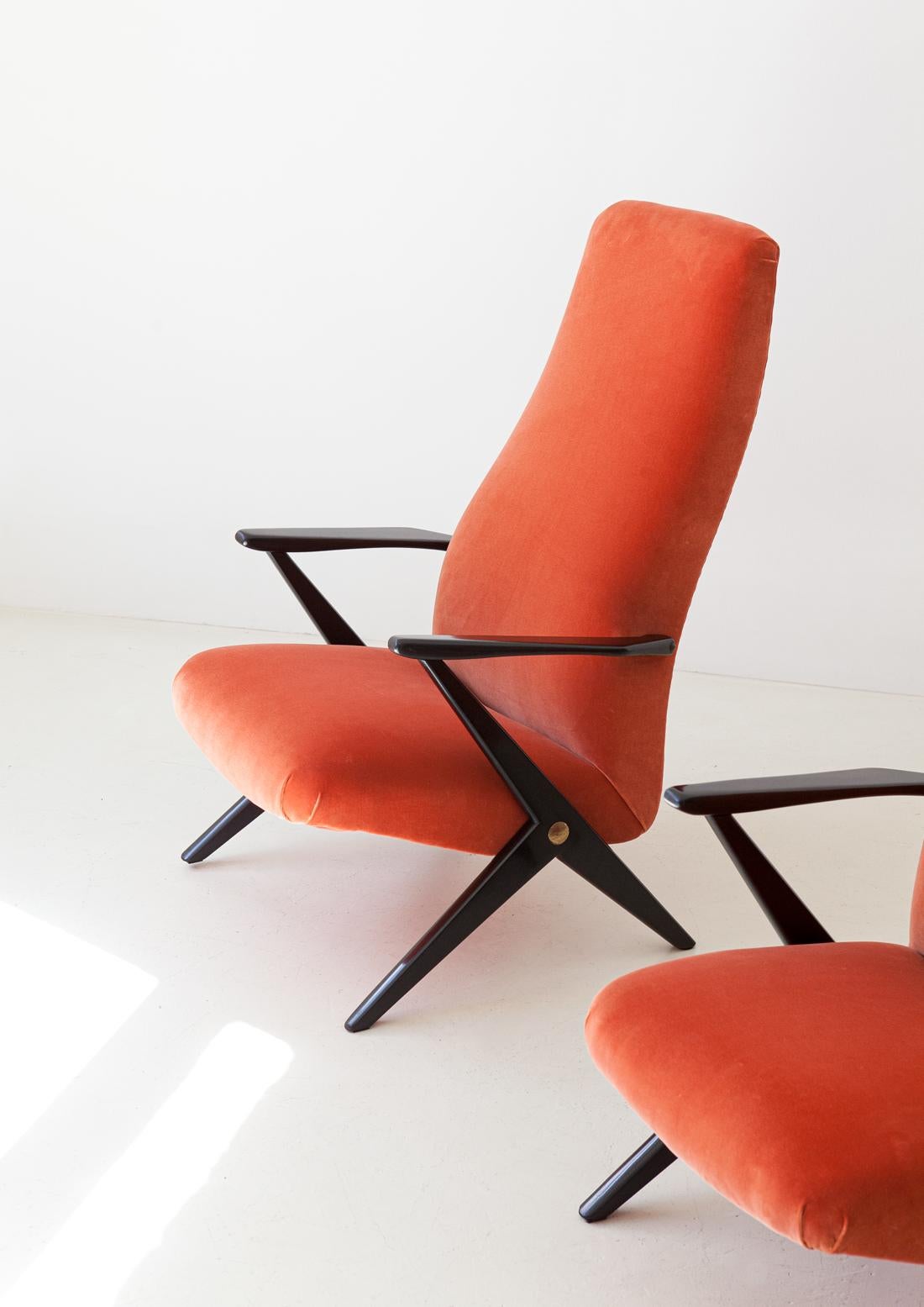 Pair of Mid-Century Modern Rust Orange Velvet Lounge Chairs, 1950s 8
