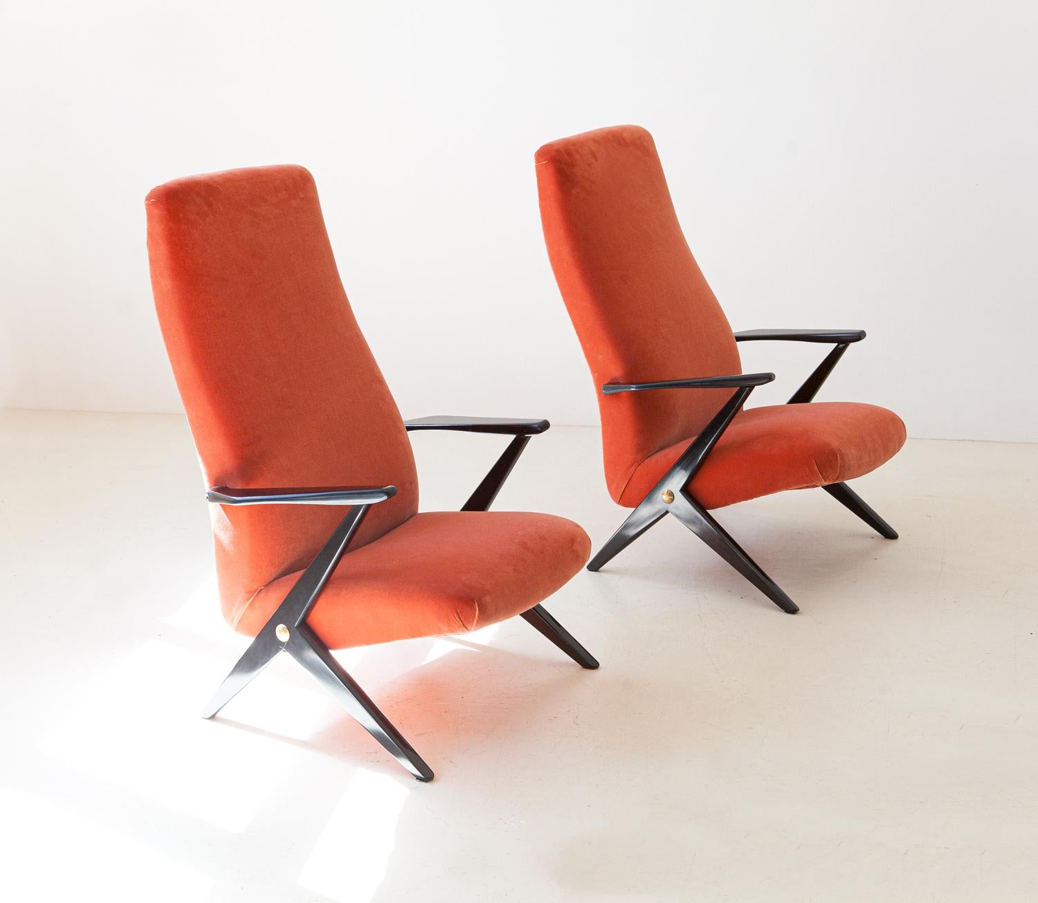Pair of Mid-Century Modern Rust Orange Velvet Lounge Chairs, 1950s 9