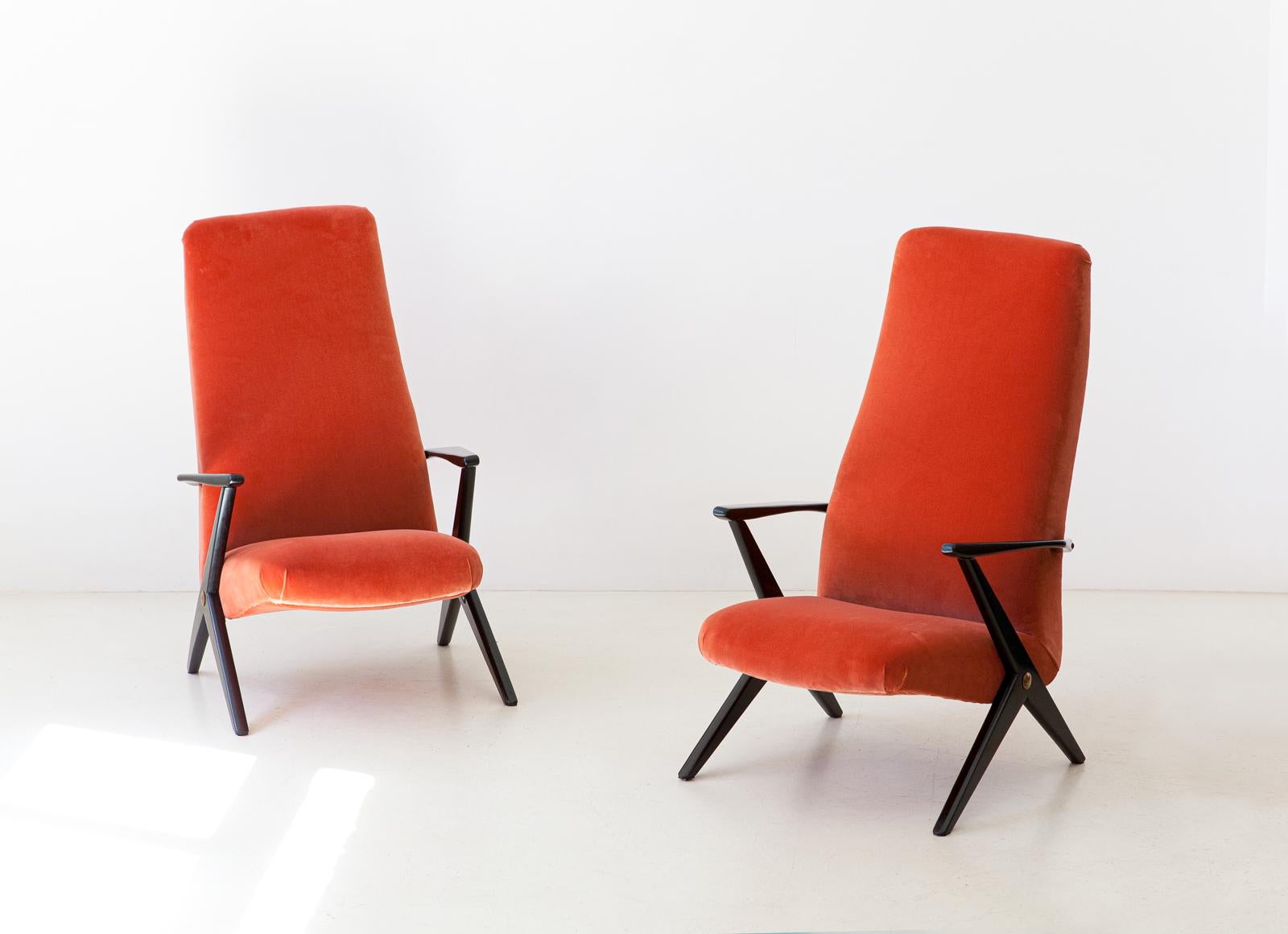 Mid-20th Century Pair of Mid-Century Modern Rust Orange Velvet Lounge Chairs, 1950s