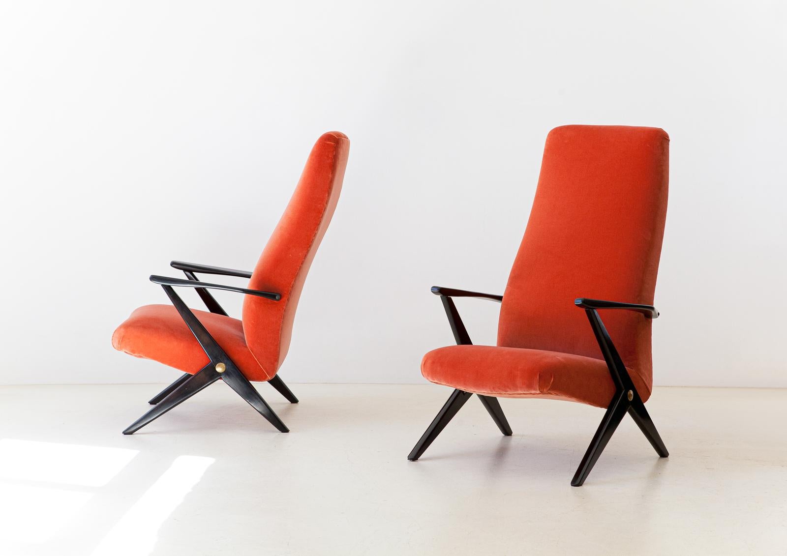 Pair of Mid-Century Modern Rust Orange Velvet Lounge Chairs, 1950s 1