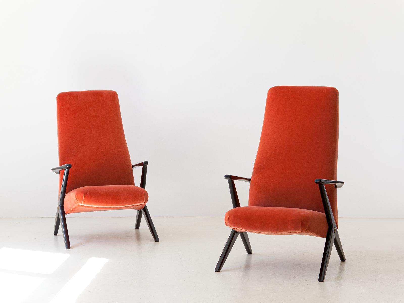 Pair of Mid-Century Modern Rust Orange Velvet Lounge Chairs, 1950s 2