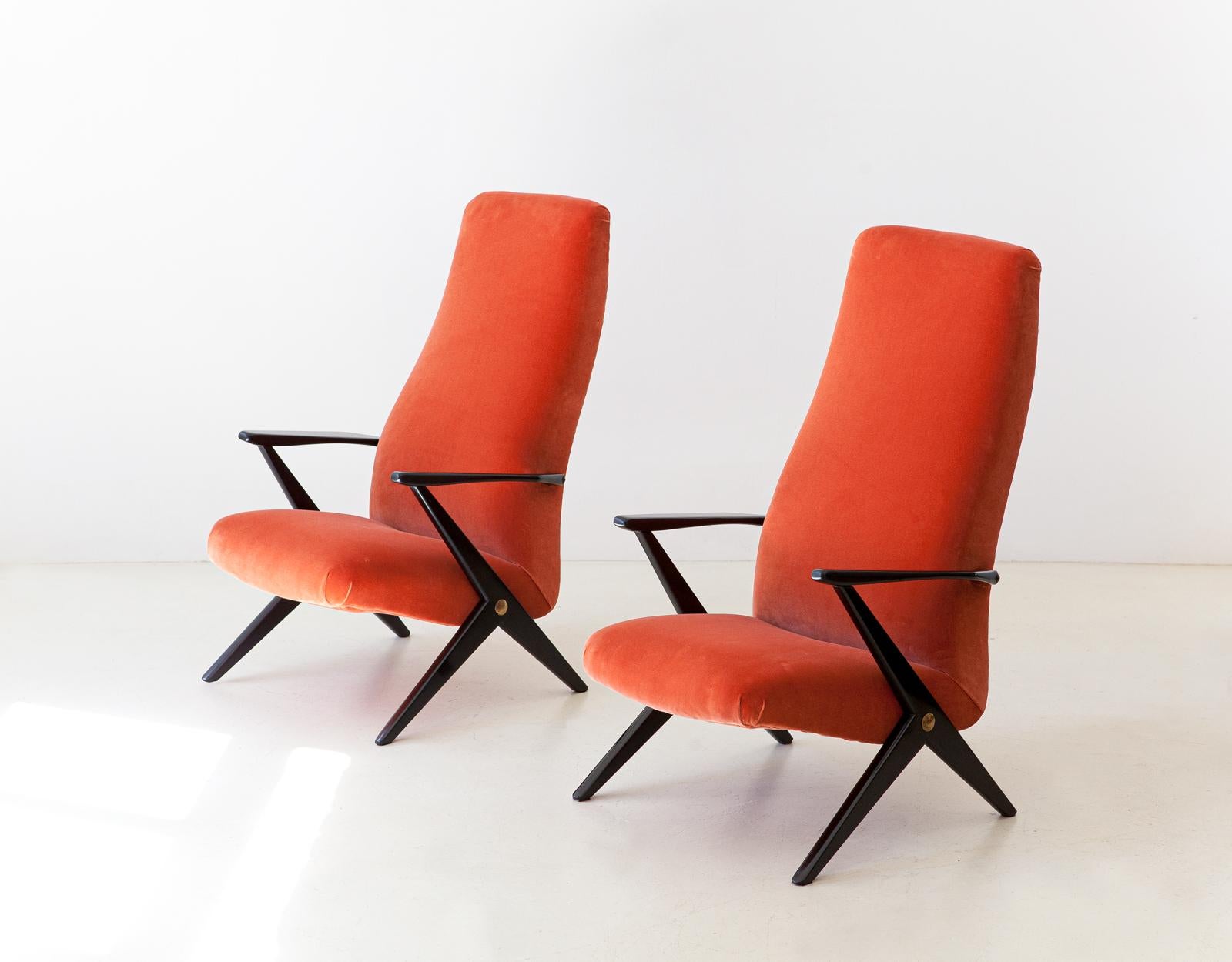 Pair of Mid-Century Modern Rust Orange Velvet Lounge Chairs, 1950s 4