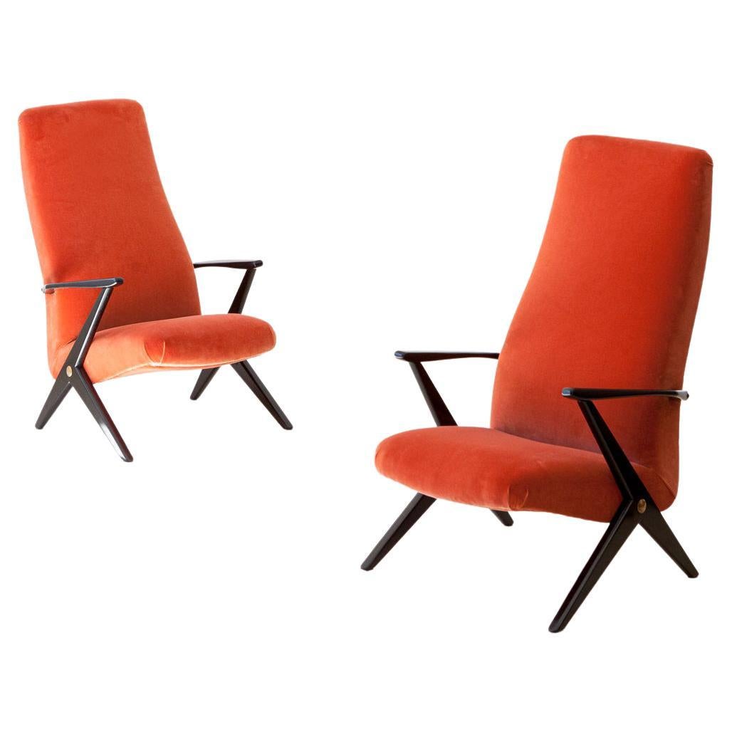 Pair of Mid-Century Modern Rust Orange Velvet Lounge Chairs, 1950s
