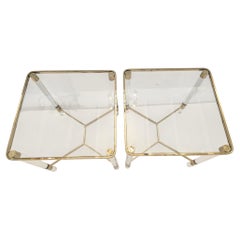 Pair of Midcentury Modern Square Brass & Glass Endtables with Lucite Legs