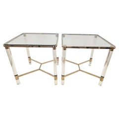 Pair of Midcentury Modern Square Brass & Glass Endtables with Lucite Legs