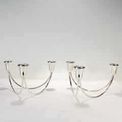 Pair of Mid-Century Modern Three Light Sterling Silver Candelabra