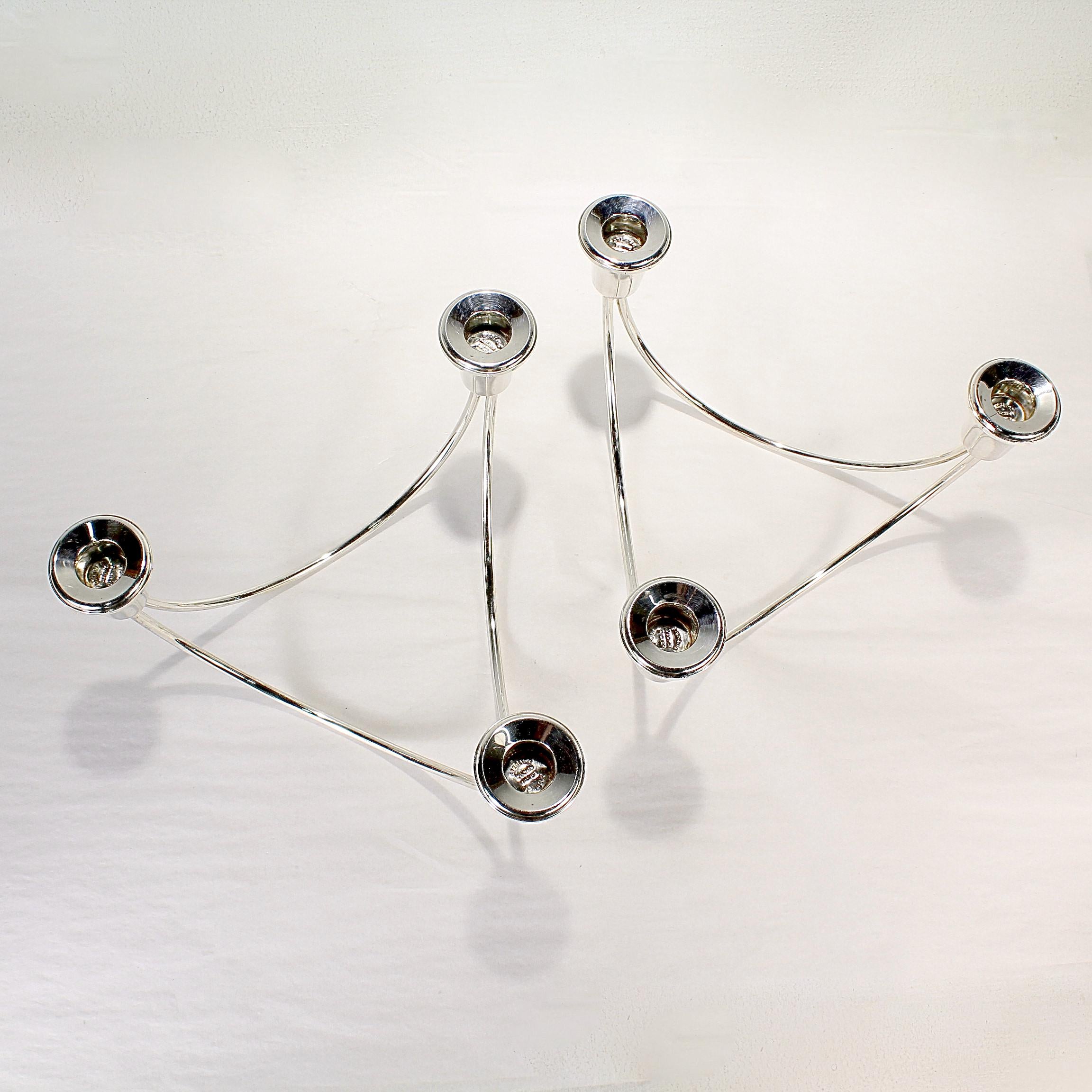 Pair of Mid-Century Modern Three Light Sterling Silver Candelabra In Good Condition In Philadelphia, PA