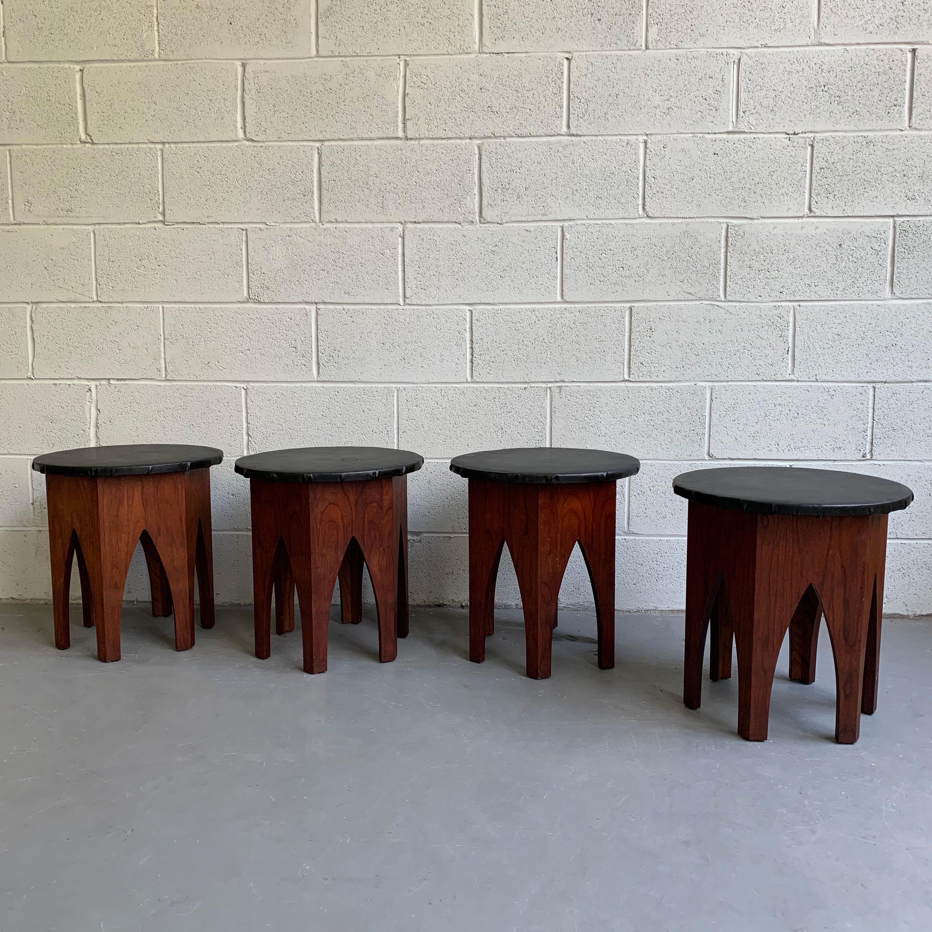Pair of Midcentury Moroccan Hexagonal Walnut Stools after Harvey Probber In Good Condition In Brooklyn, NY