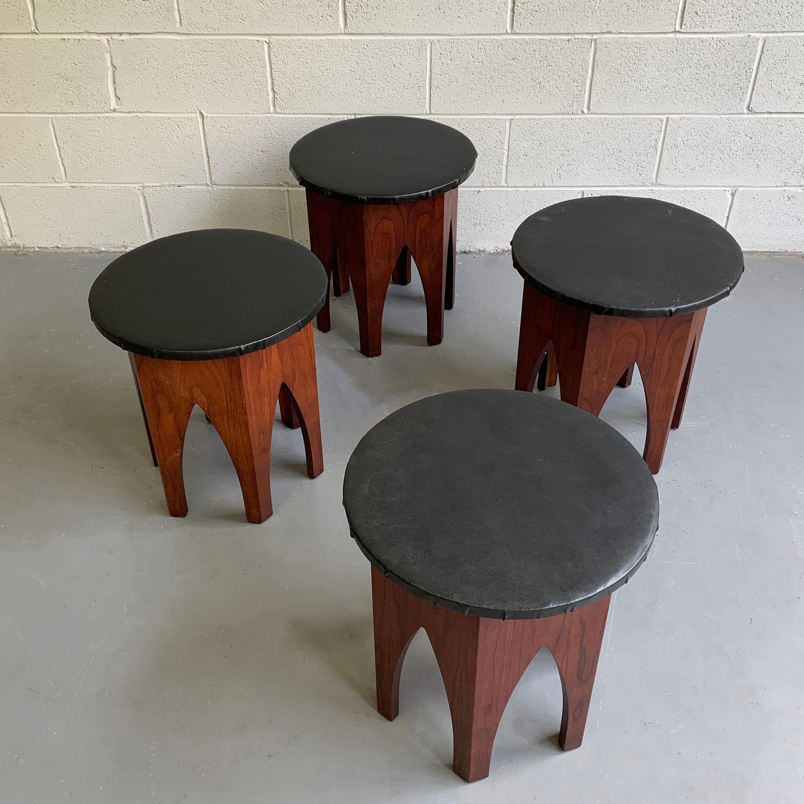 Faux Leather Pair of Midcentury Moroccan Hexagonal Walnut Stools after Harvey Probber