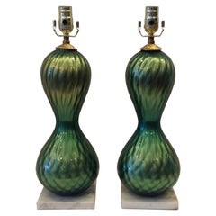 Vintage Pair of Midcentury Murano Diamond Quilted Boudoir Lamps