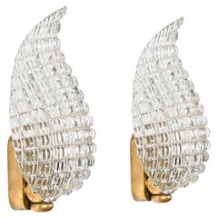 Pair of Midcentury Murano Glass and Brass Leaf Sconces, by Barovier, Italy 1950s