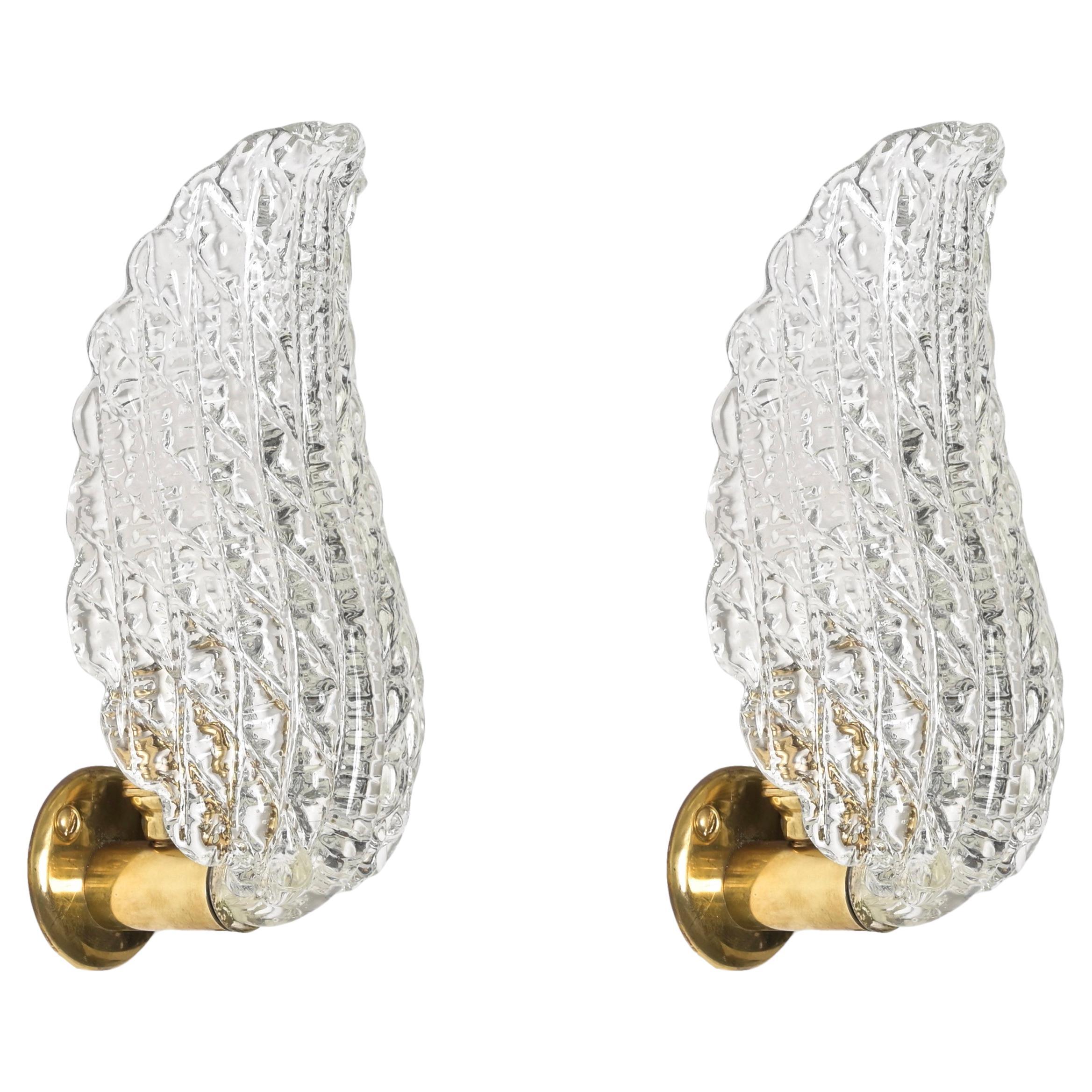 Pair of Midcentury Murano Glass and Brass Leaf Sconces, by Barovier, Italy 1950s