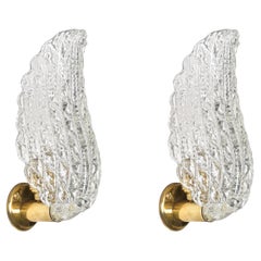 Retro Pair of Midcentury Murano Glass and Brass Leaf Sconces, by Barovier, Italy 1950s