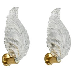 Pair of Midcentury Murano Glass and Brass Leaf Sconces, by Barovier, Italy 1950s