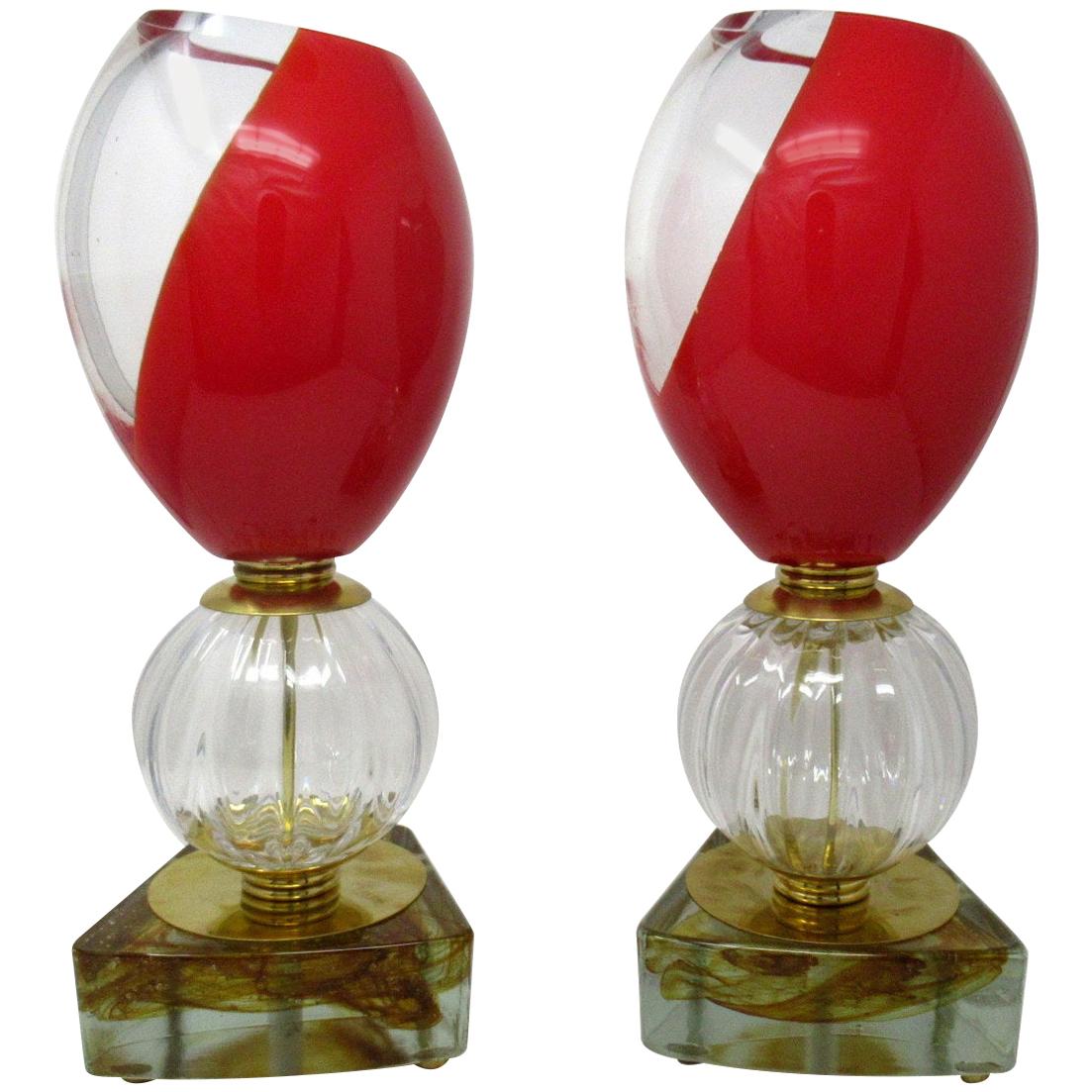 Pair of Midcentury Murano Glass Lucite Table Lamps Red Crystal Gilt, 1950s For Sale