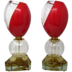 Vintage Pair of Midcentury Murano Glass Lucite Table Lamps Red Crystal Gilt, 1950s