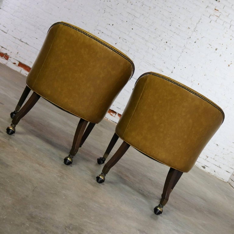 Pair of Midcentury Naugahyde Olive Green Rolling Barrel Chairs Nail