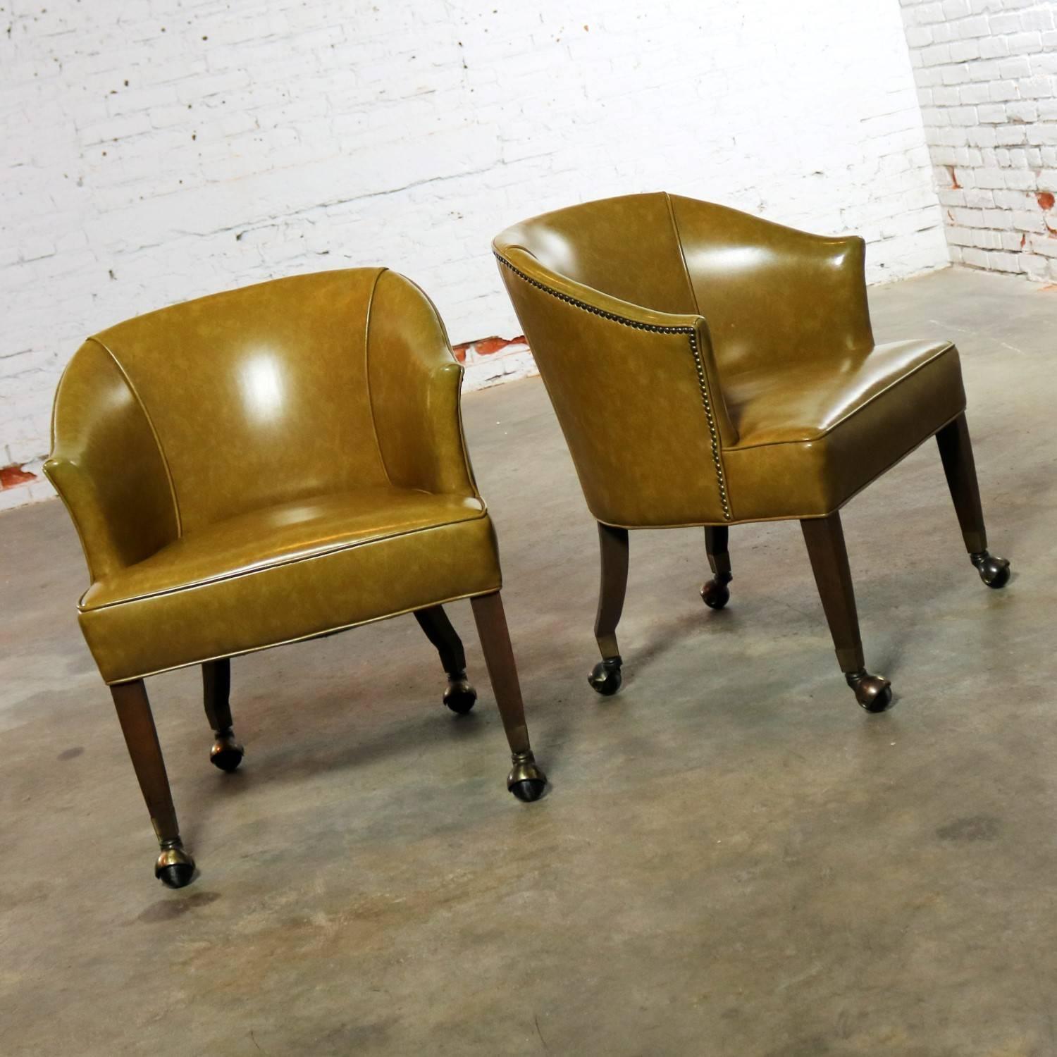 American Pair of Midcentury Naugahyde Olive Green Rolling Barrel Chairs Nail Head Accent
