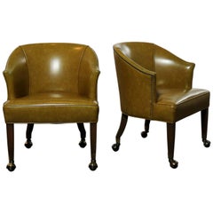 Used Pair of Midcentury Naugahyde Olive Green Rolling Barrel Chairs Nail Head Accent