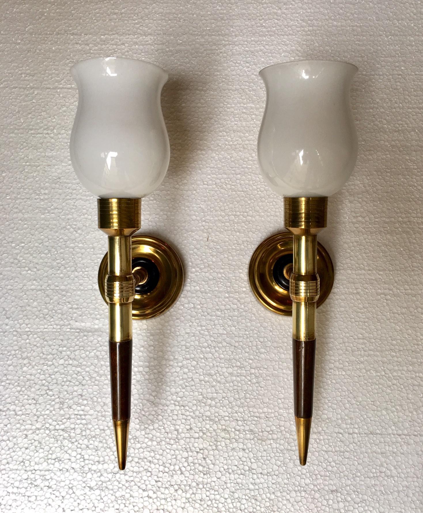 Neoclassical Revival Pair of Midcentury Neoclassical Gilt Bronze and Wood Sconces by Maison Lancel