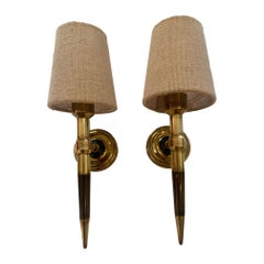 Pair of Midcentury Neoclassical Gilt Bronze and Wood Sconces by Maison Lancel