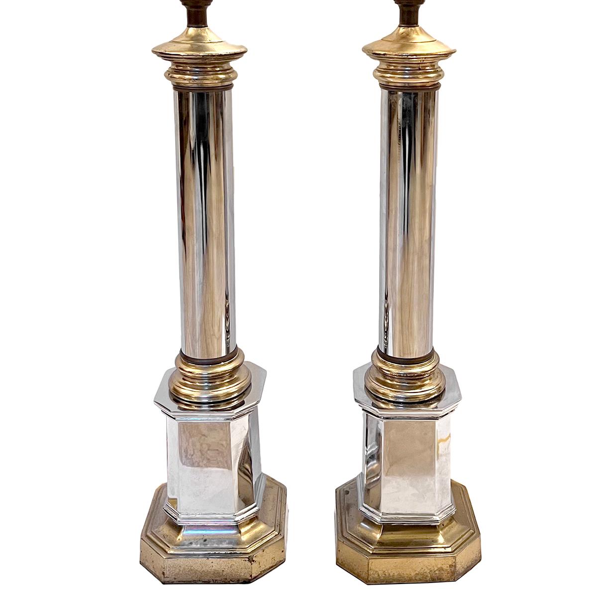Pair of circa 1960's French nickel plated and polished bronze lamps.

Measurements:
Height of body: 18.75