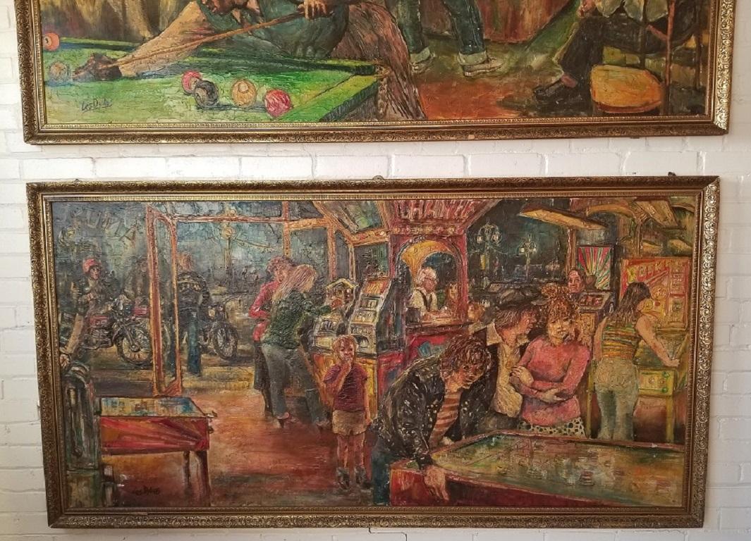 20th Century Pair of Midcentury Oil on Boards by Les Dykes of Pool Hall and Arcade