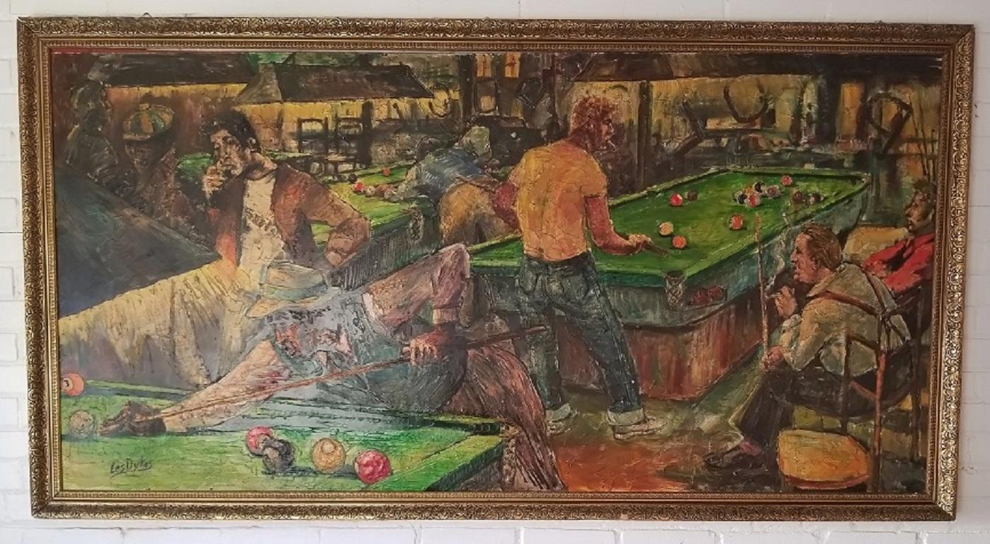 Pair of Midcentury Oil on Boards by Les Dykes of Pool Hall and Arcade 1