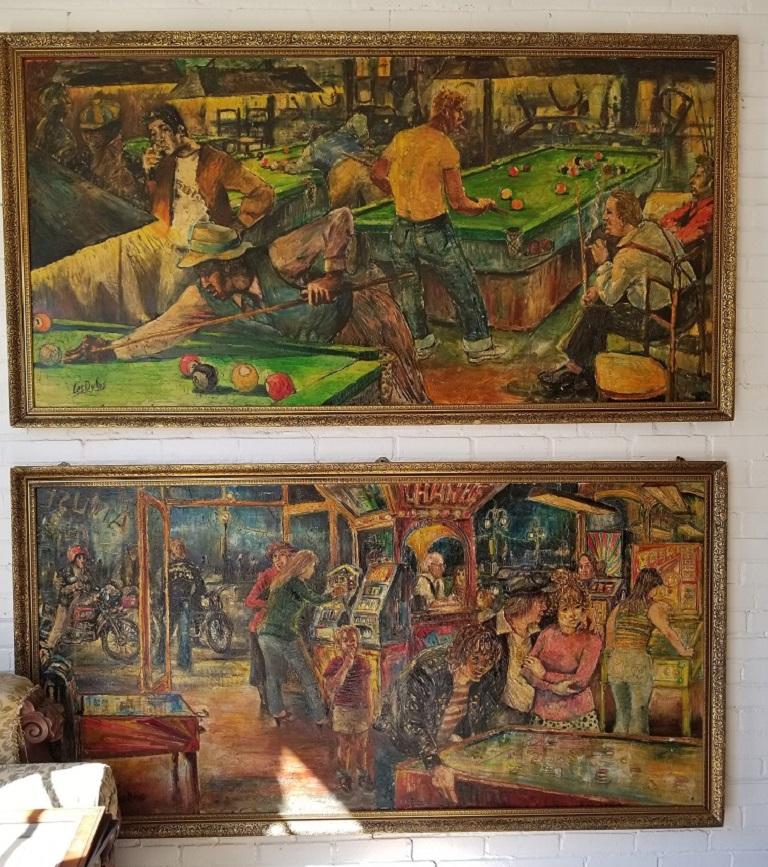 Presenting a very rare pair of extremely large midcentury oil on boards…..painted by British Artist, Les Dykes……….featuring a pool hall scene and an arcade scene from circa 1950.

The paintings are in Good original condition.

 

The first