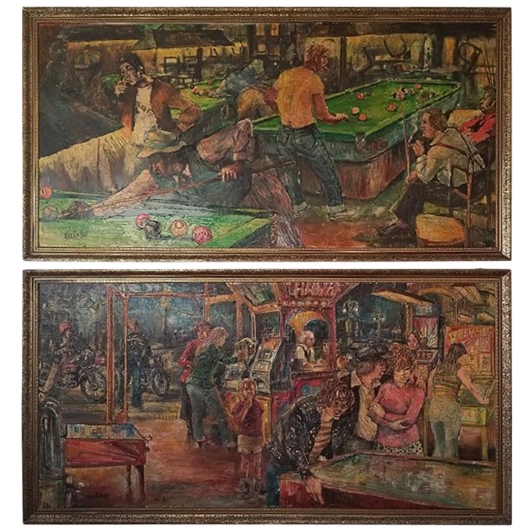 Pair of Midcentury Oil on Boards by Les Dykes of Pool Hall and Arcade