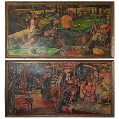 Pair of Midcentury Oil on Boards by Les Dykes of Pool Hall and Arcade