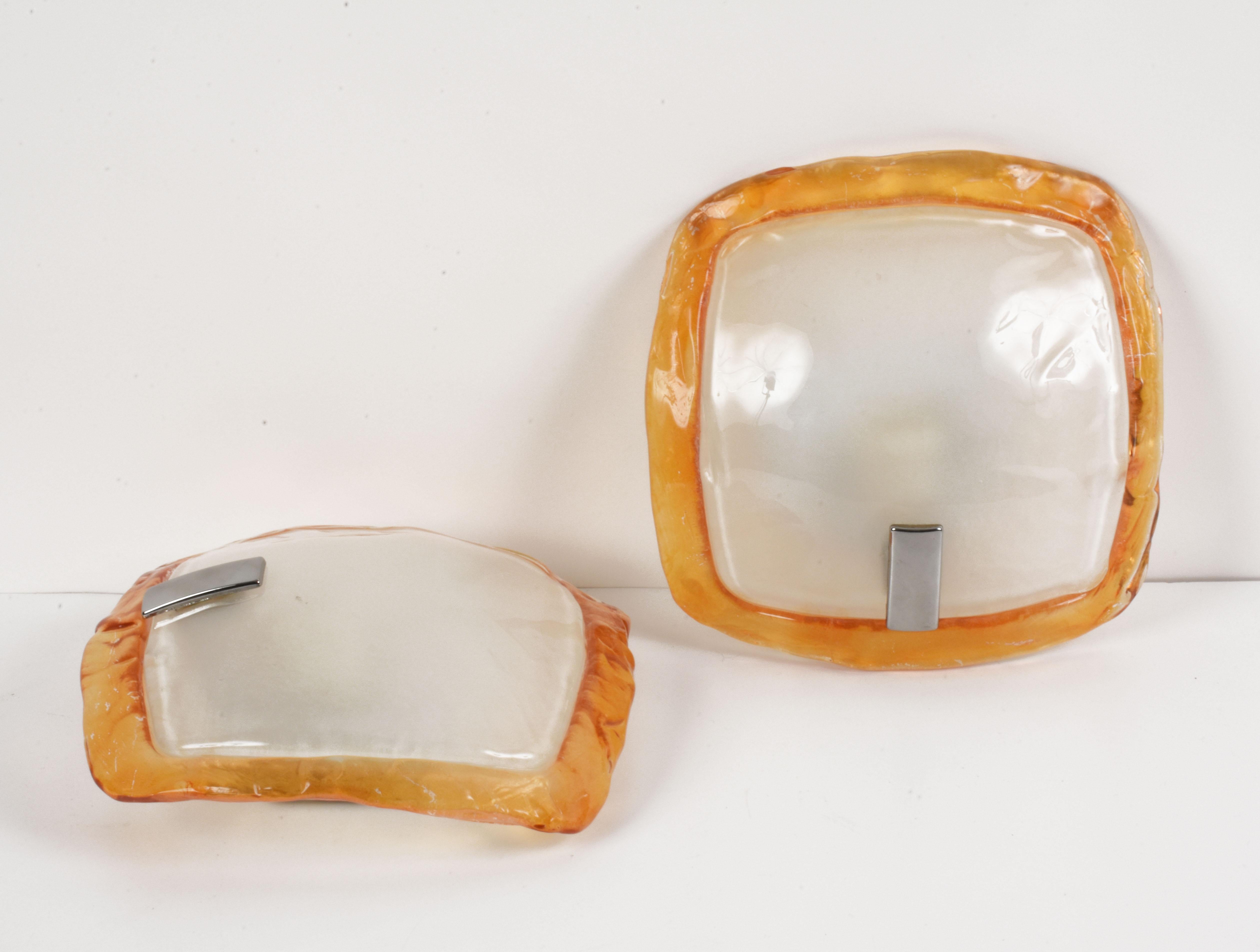 Pair of Midcentury Orange and Crystal Murano Glass Italian Sconces, 1980s 5