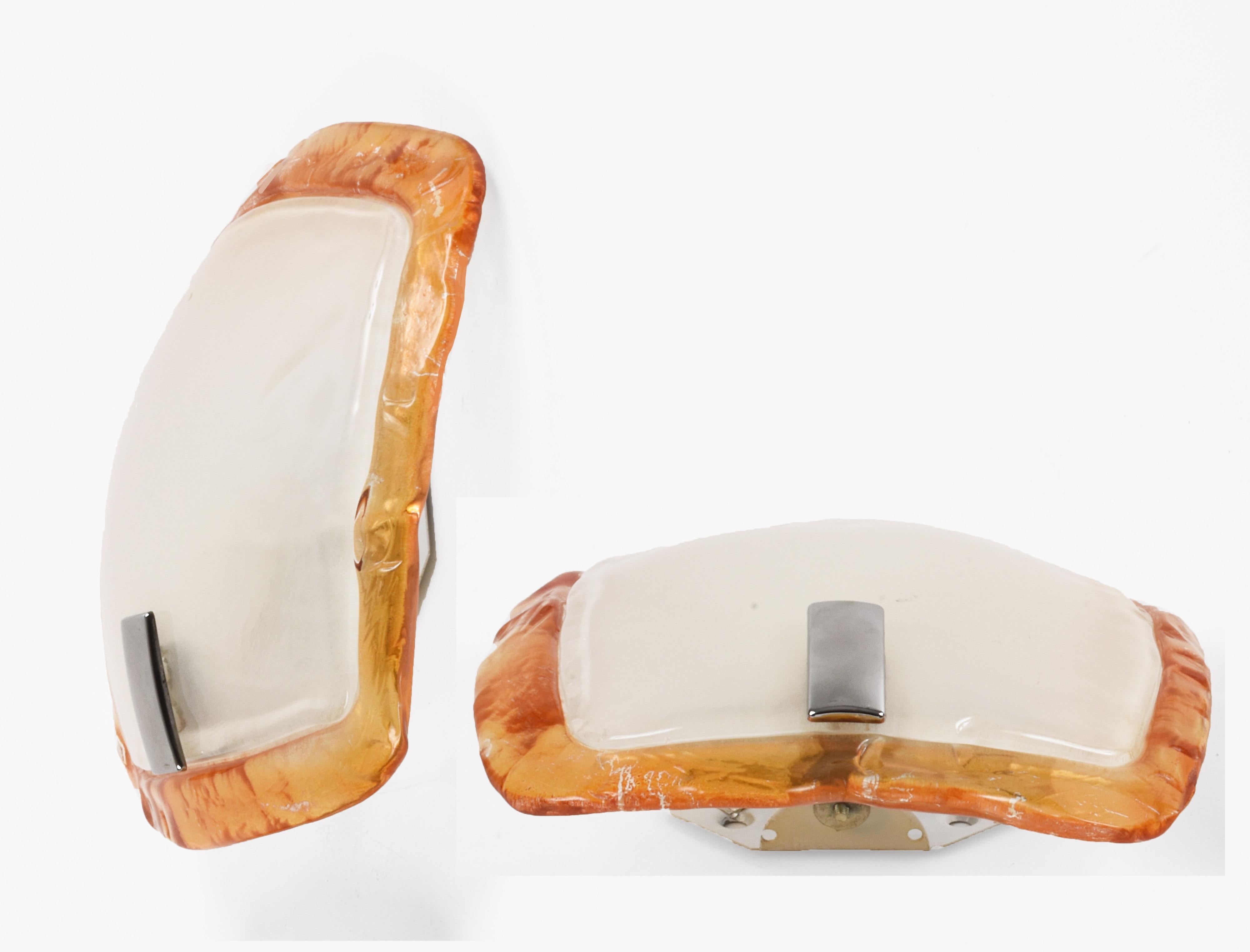 Pair of Midcentury Orange and Crystal Murano Glass Italian Sconces, 1980s 6