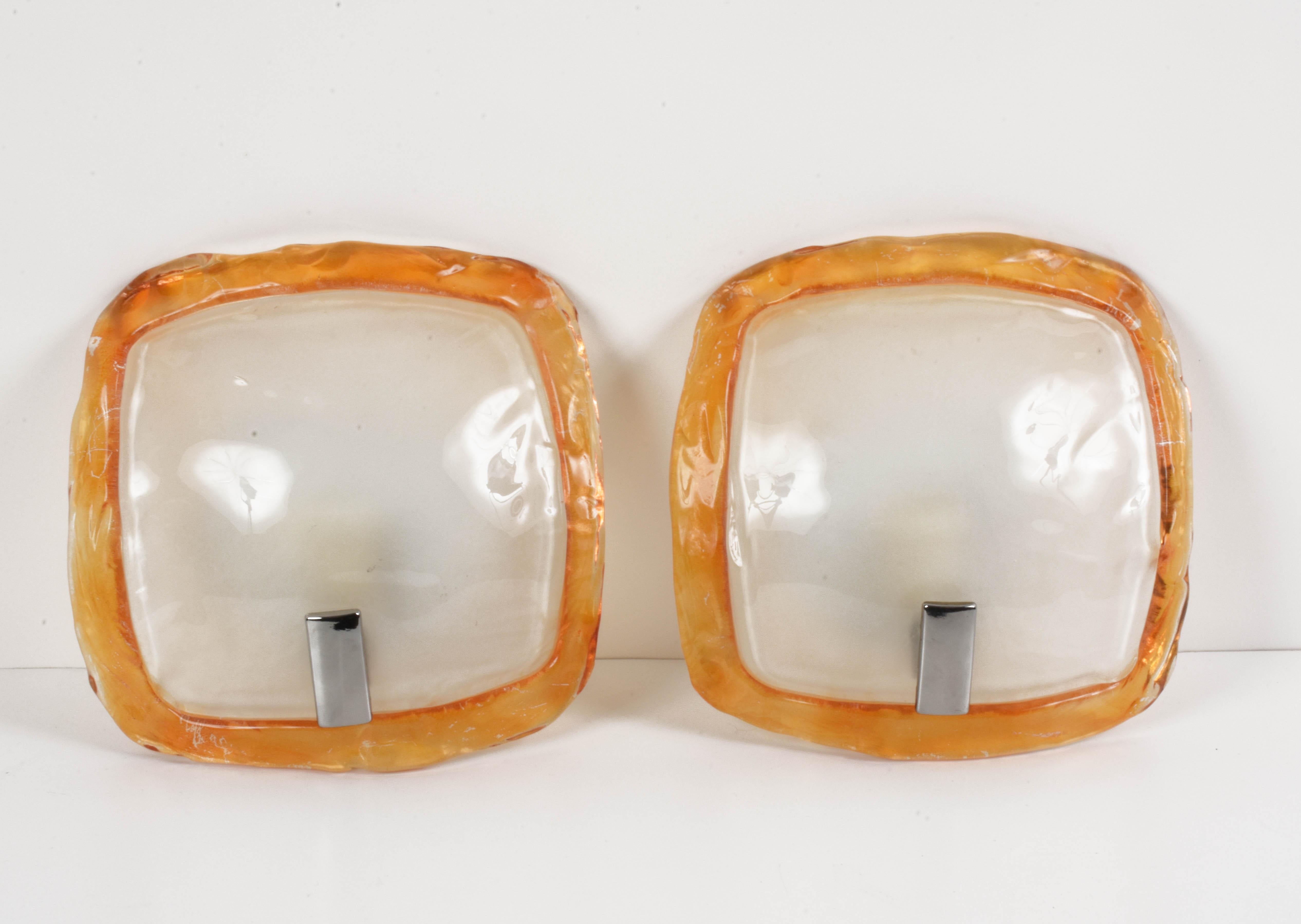 Pair of Midcentury Orange and Crystal Murano Glass Italian Sconces, 1980s 2